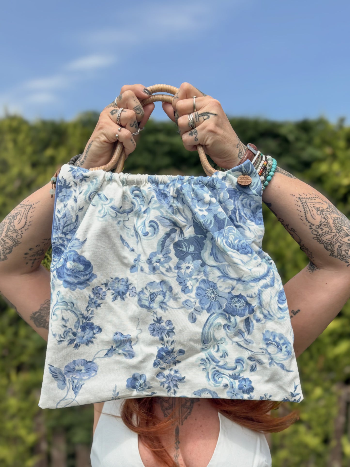 Handmade Blue Vintage Fabric Tote Bag – Bamboo Handle