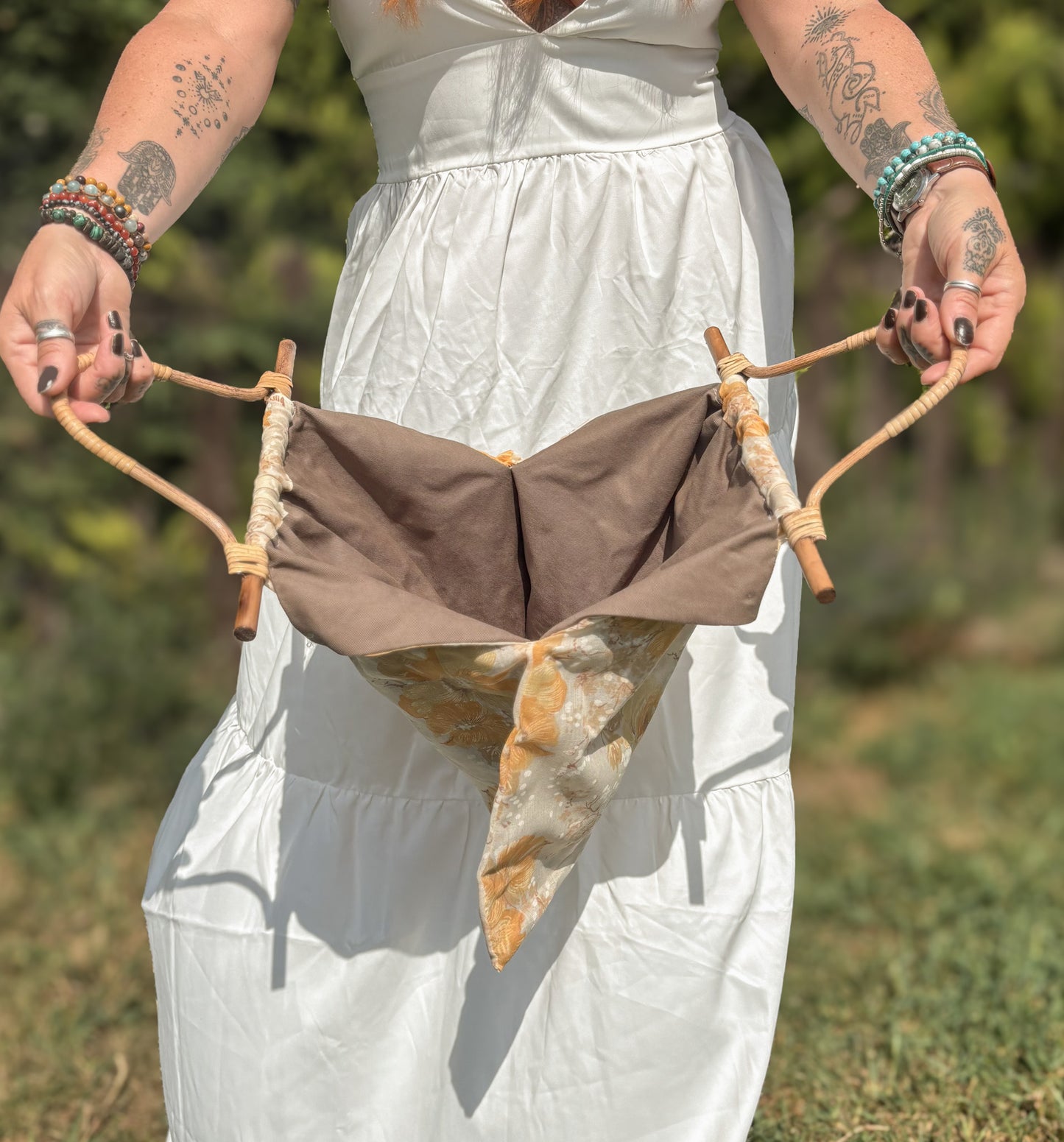 Handmade Mustard Vintage Fabric Tote Bag – Bamboo Handle