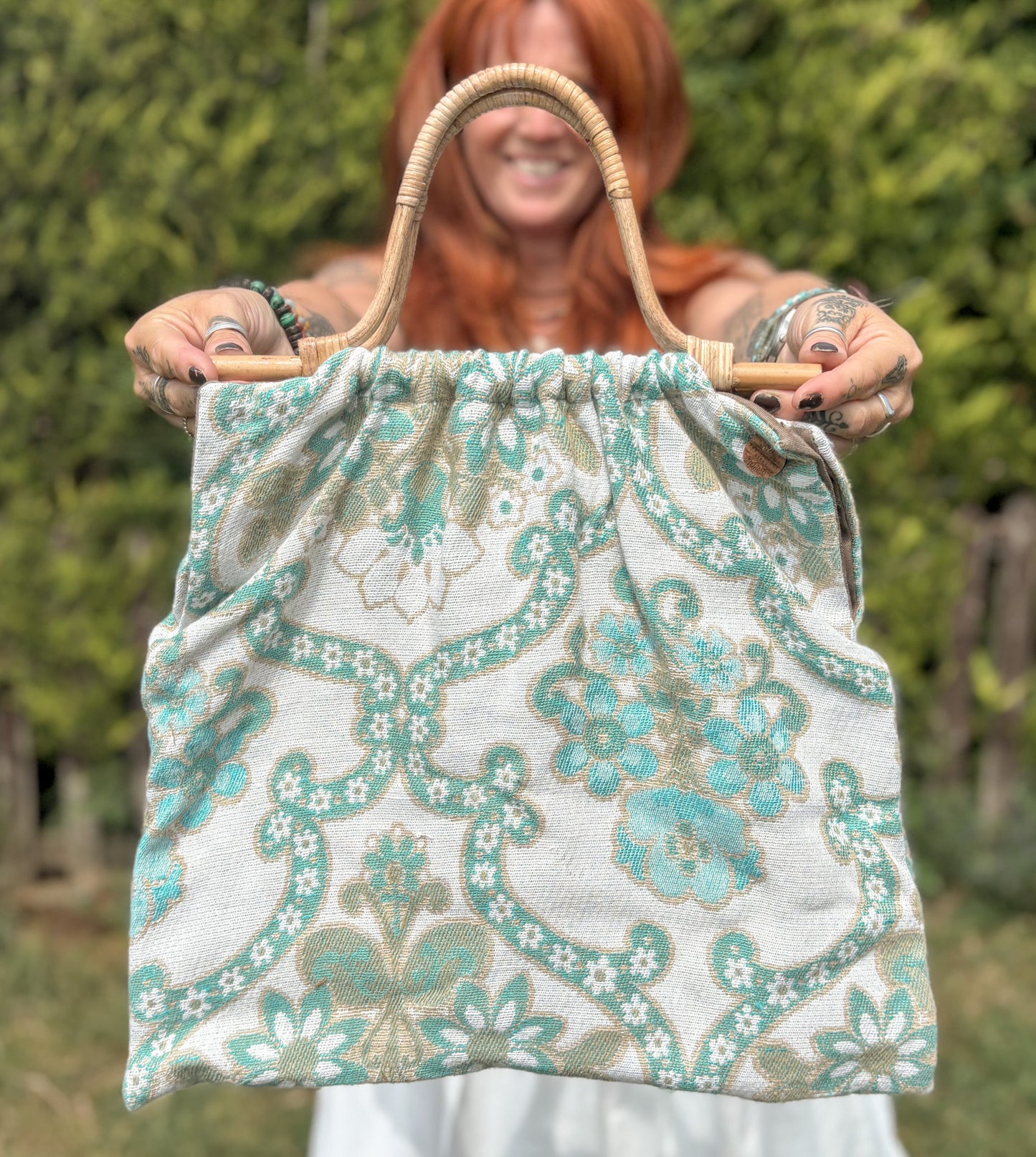 Handmade Teal Vintage Fabric Tote Bag – Bamboo Handle