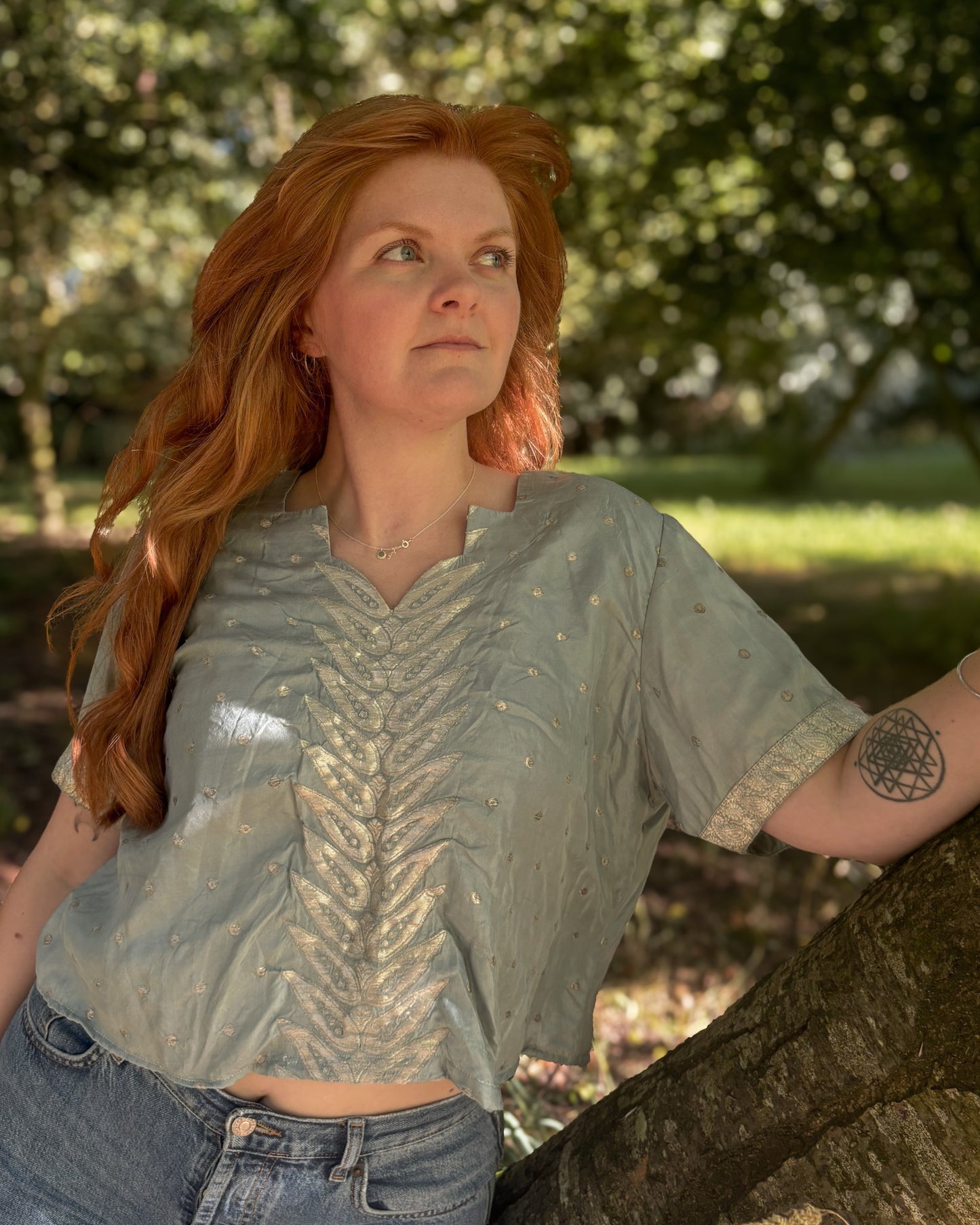 Dove Grey Embroidered Reimagined Vintage Crop Top