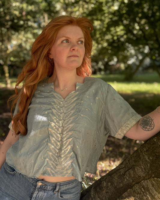Dove Grey Embroidered Reimagined Vintage Crop Top