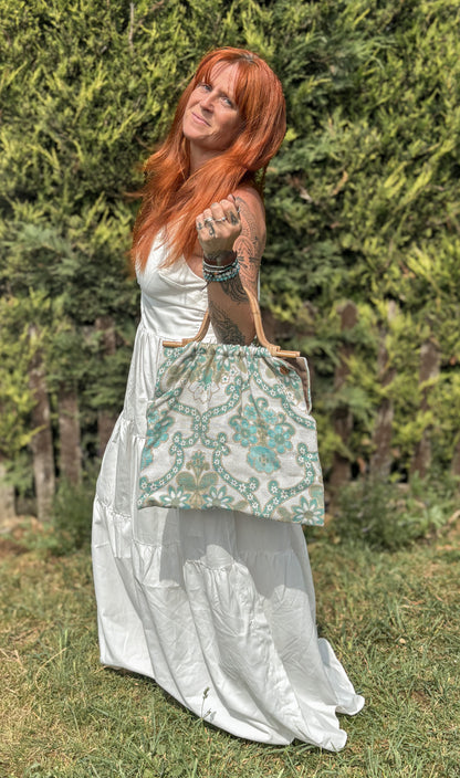 Handmade Teal Vintage Fabric Tote Bag – Bamboo Handle