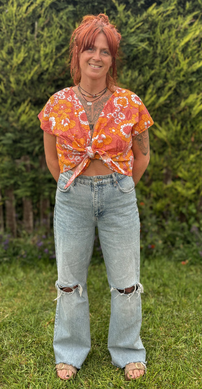 Reverse Top - Handmade from Orange Floral Vintage Textiles