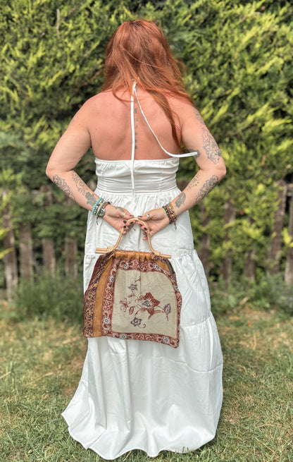 Handmade Brown Vintage Fabric Tote Bag – Bamboo Handle