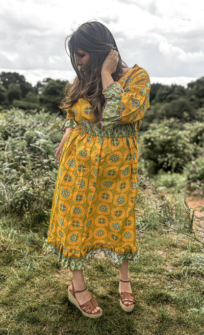 Yellow Frilled Maxi Dress - Handmade from Vintage Fabric