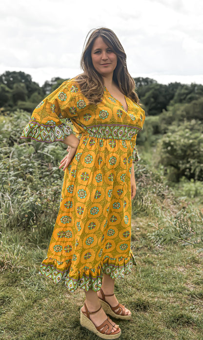Yellow Frilled Maxi Dress - Handmade from Vintage Fabric