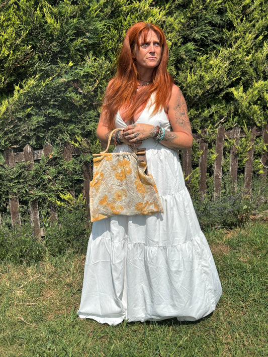 Handmade Vintage Fabric Tote Bag – Bamboo Handle