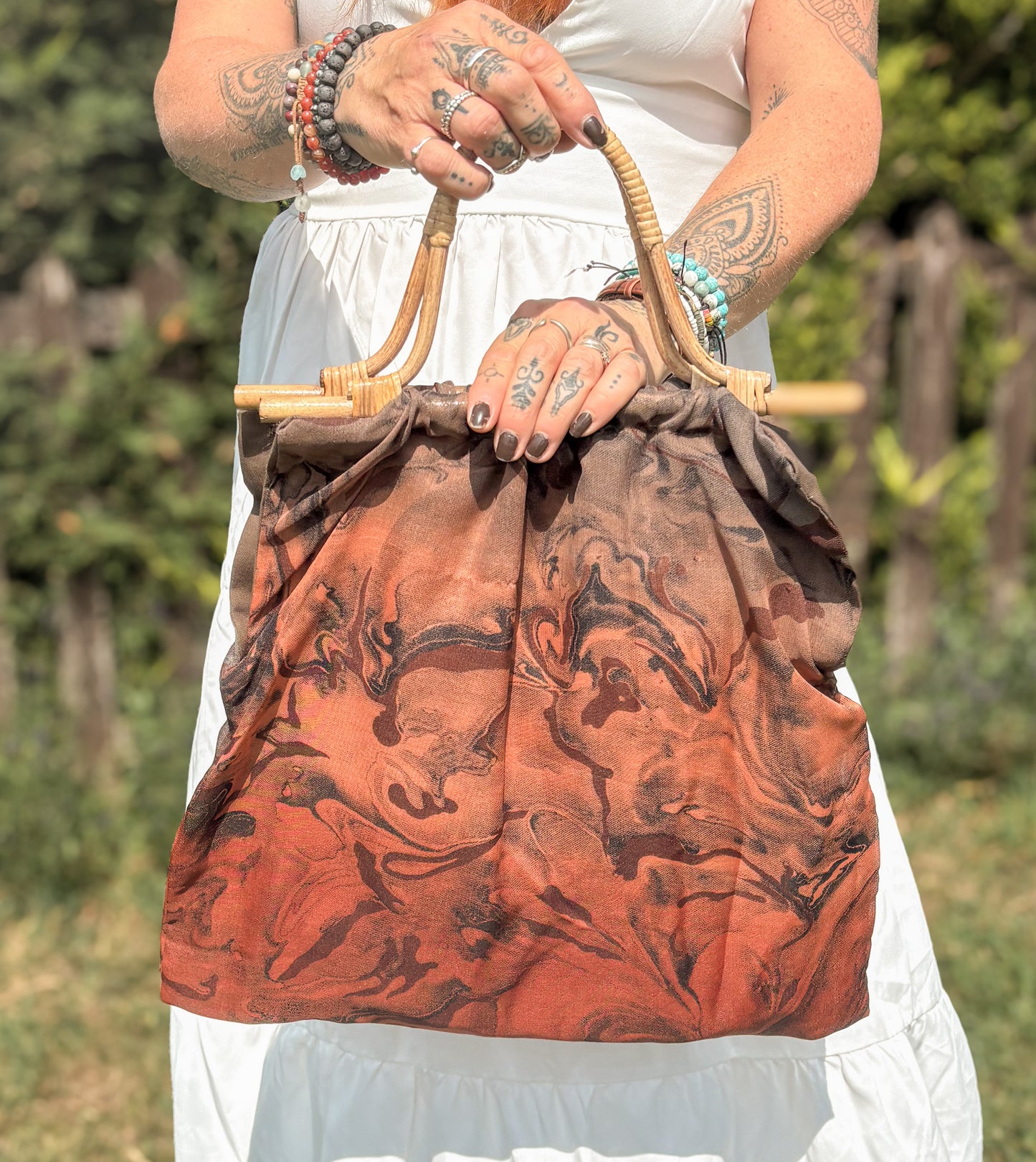 Handmade Rust Vintage Fabric Tote Bag – Bamboo Handle
