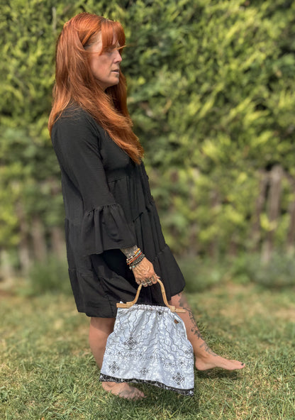 Handmade White Vintage Fabric Tote Bag – Bamboo Handle