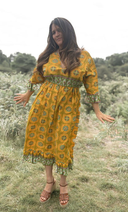 Yellow Frilled Maxi Dress - Handmade from Vintage Fabric