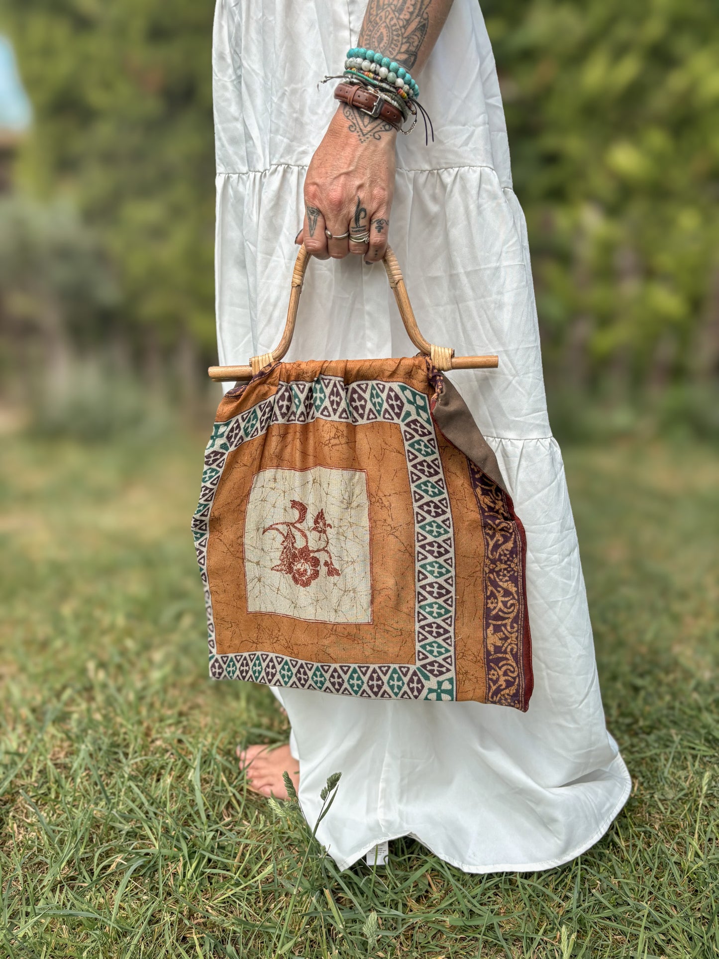 Handmade Brown Vintage Fabric Tote Bag – Bamboo Handle