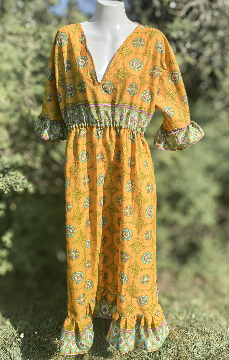 Yellow Frilled Maxi Dress - Handmade from Vintage Fabric