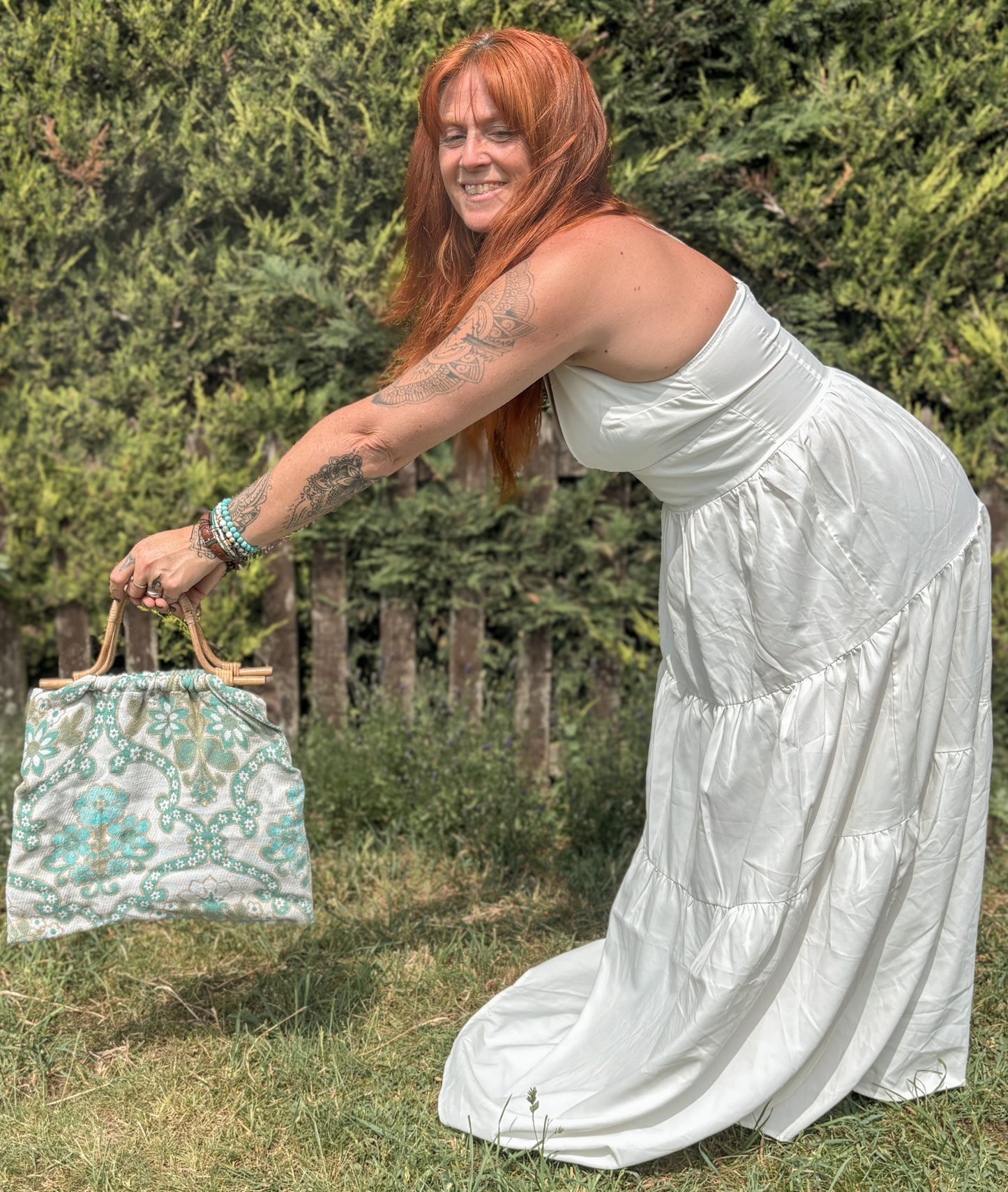 Handmade Teal Vintage Fabric Tote Bag – Bamboo Handle