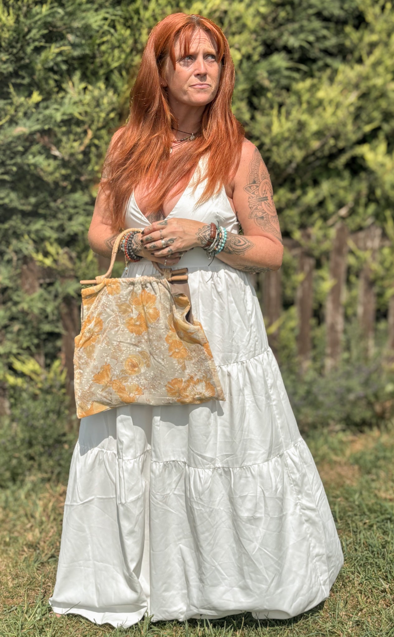 Handmade Mustard Vintage Fabric Tote Bag – Bamboo Handle