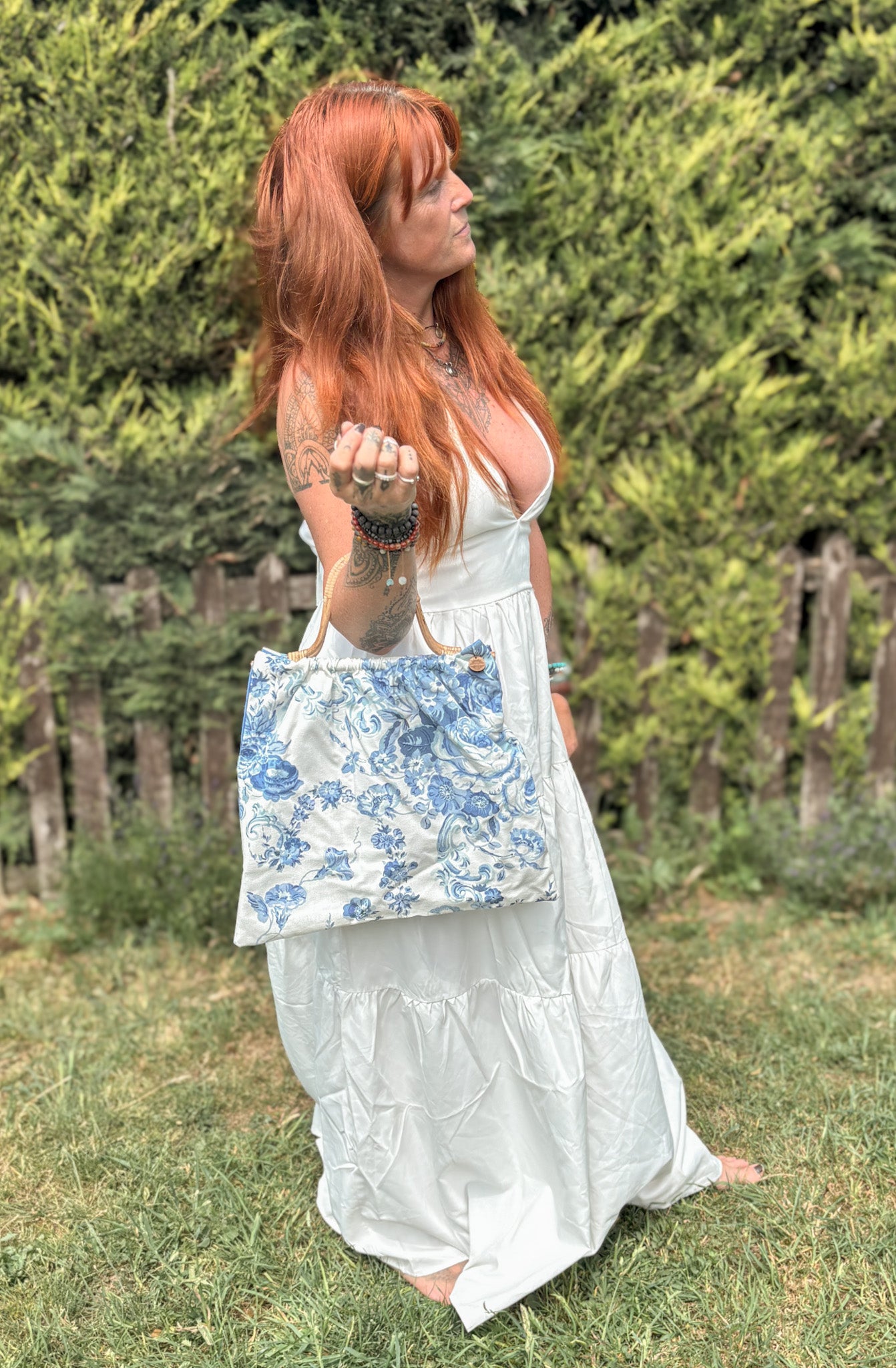 Handmade Blue Vintage Fabric Tote Bag – Bamboo Handle