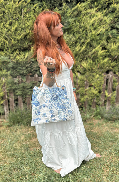 Handmade Blue Vintage Fabric Tote Bag – Bamboo Handle