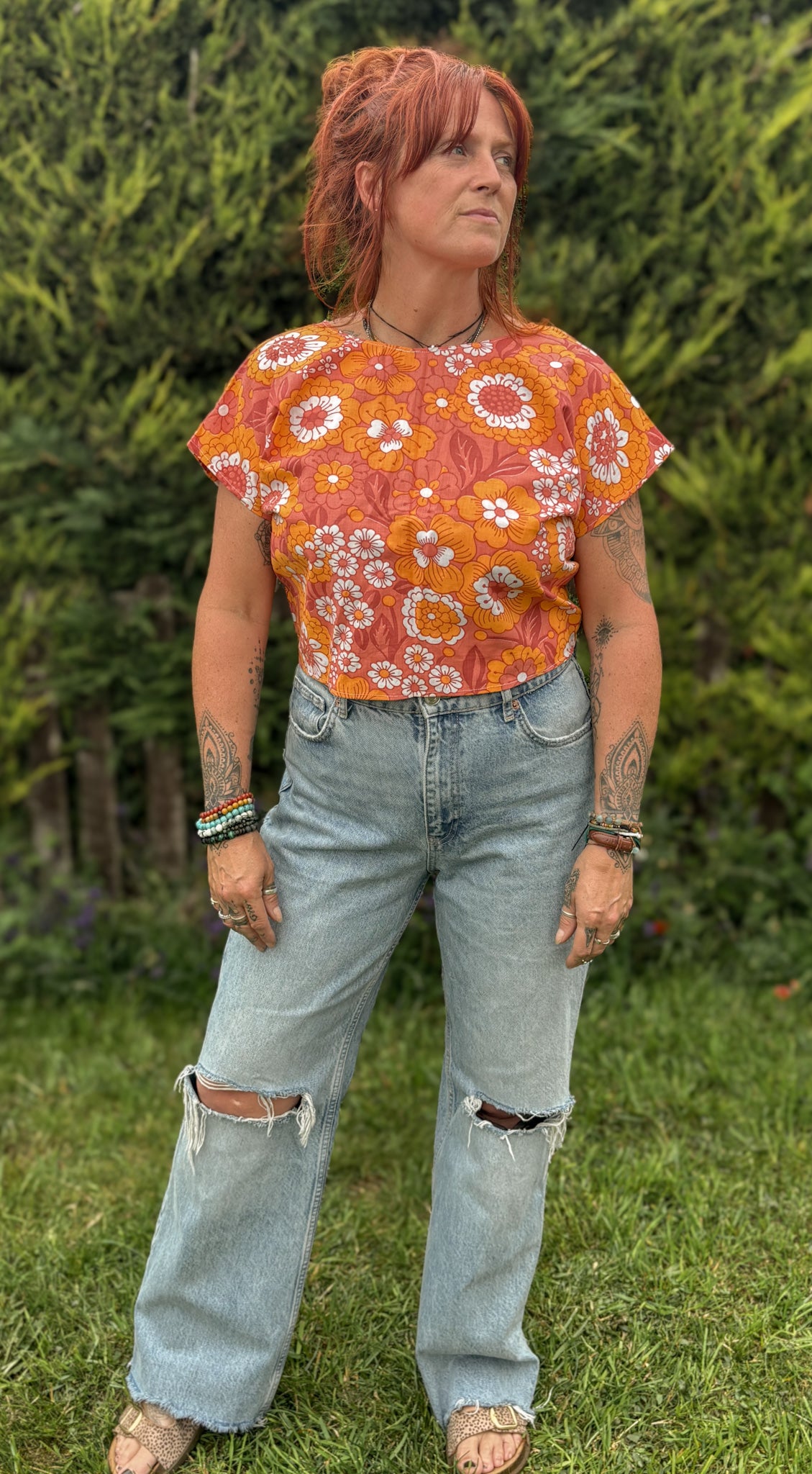 Reverse Top - Handmade from Orange Floral Vintage Textiles