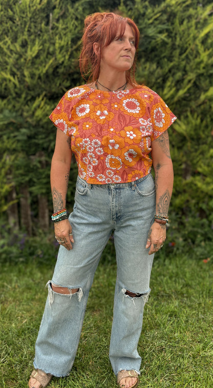 Reverse Top - Handmade from Orange Floral Vintage Textiles