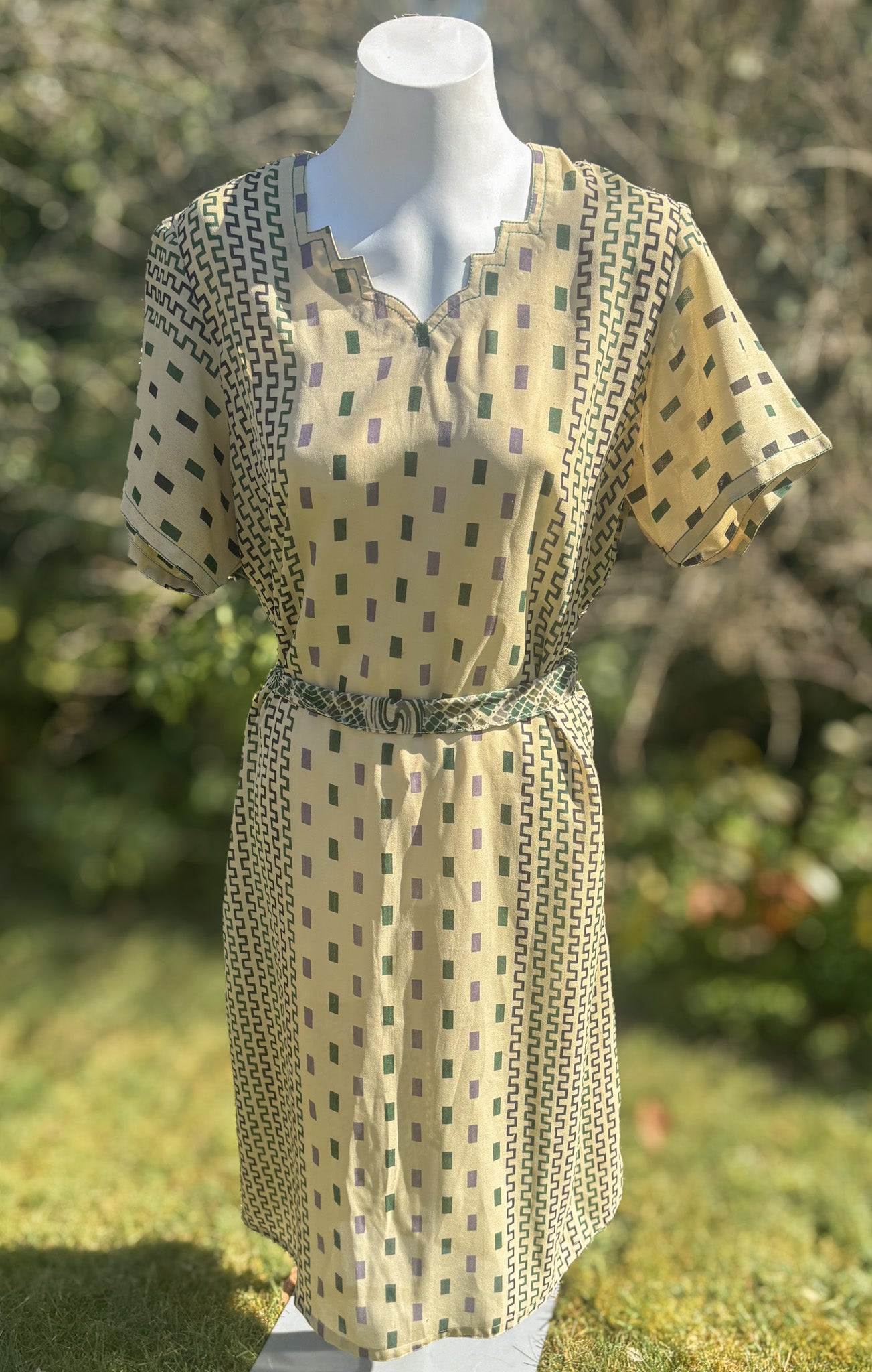 Cream & Green Short Sleeved Tunic Dress