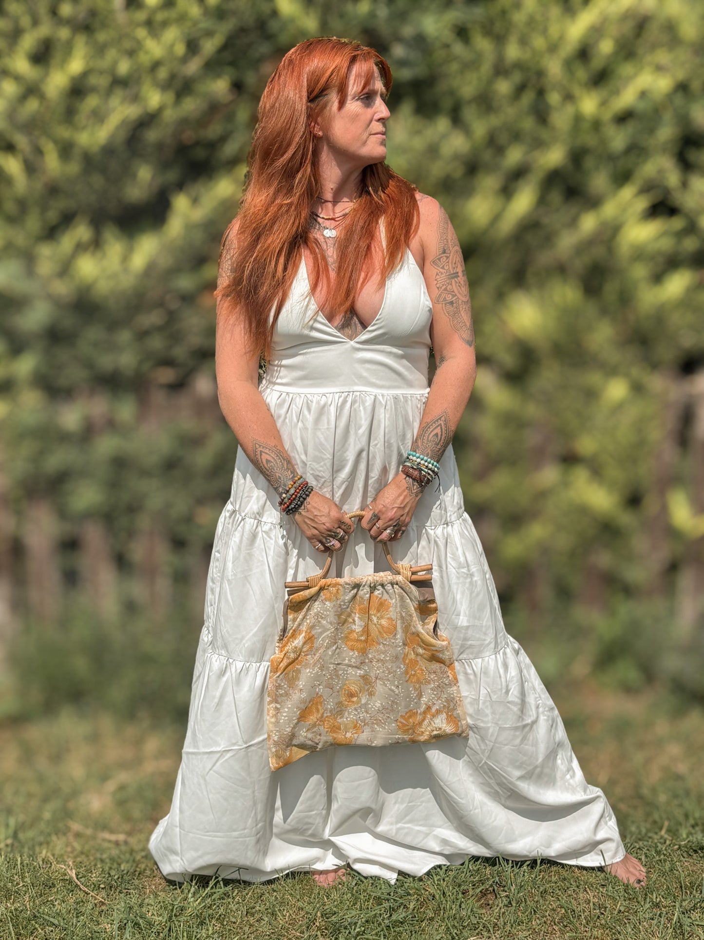 Handmade Mustard Vintage Fabric Tote Bag – Bamboo Handle