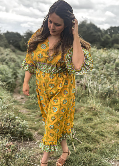 Yellow Frilled Maxi Dress - Handmade from Vintage Fabric