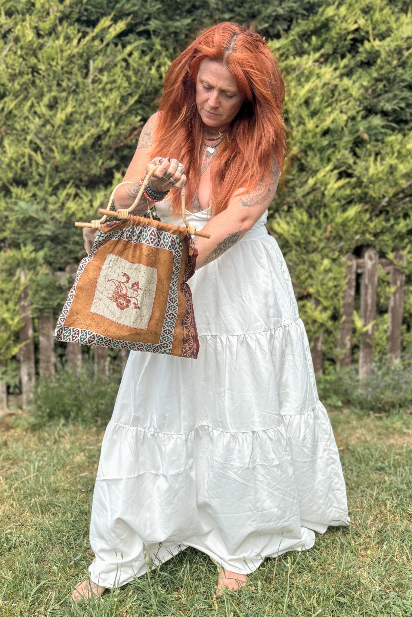 Handmade Brown Vintage Fabric Tote Bag – Bamboo Handle