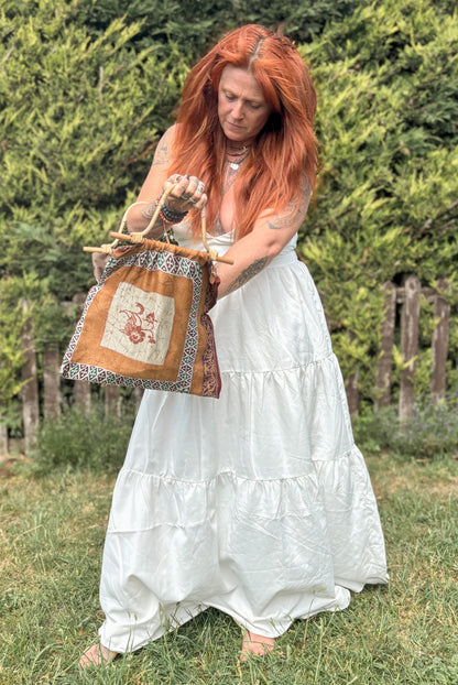 Handmade Brown Vintage Fabric Tote Bag – Bamboo Handle