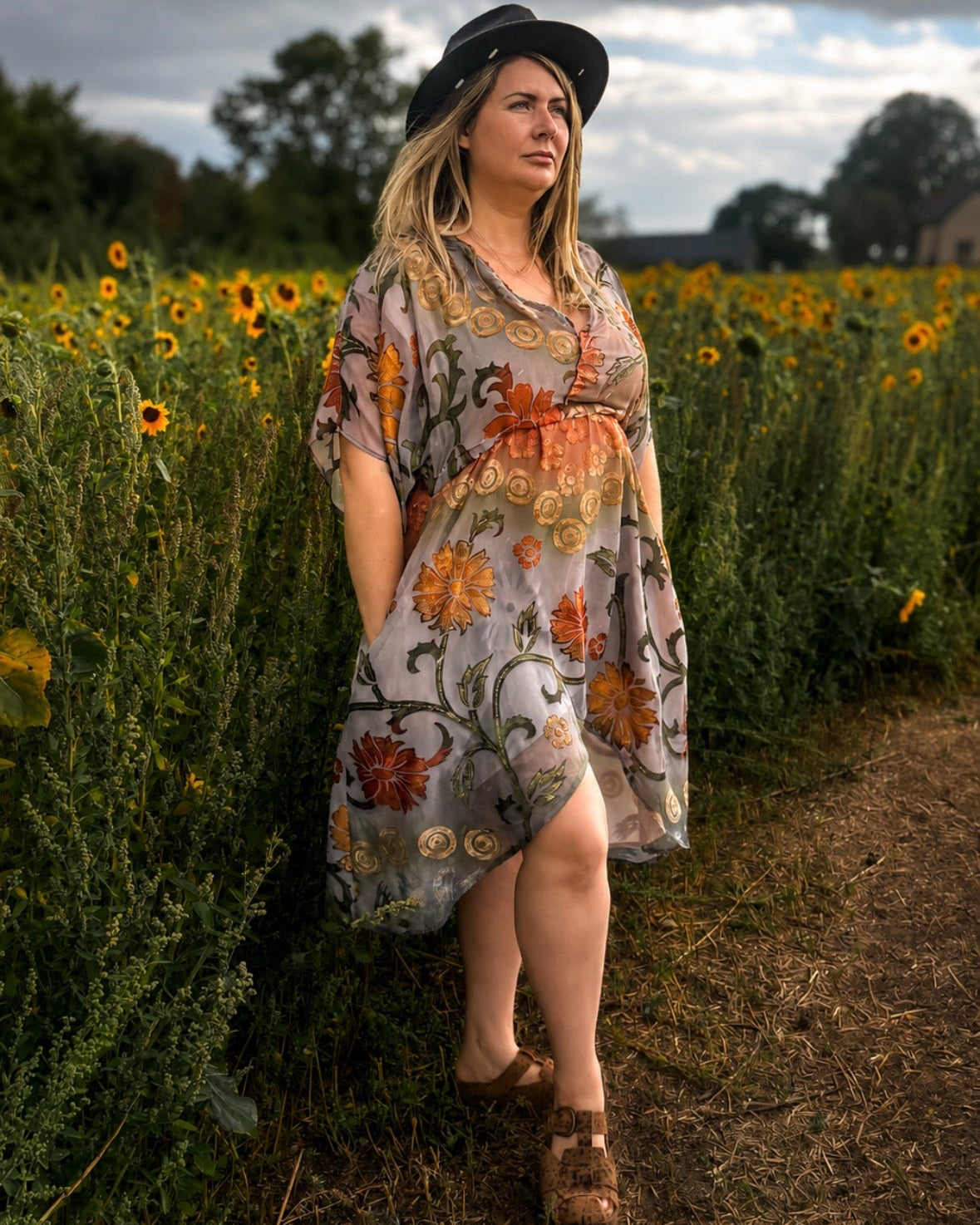 Grey Floral Goddess Midi Dress