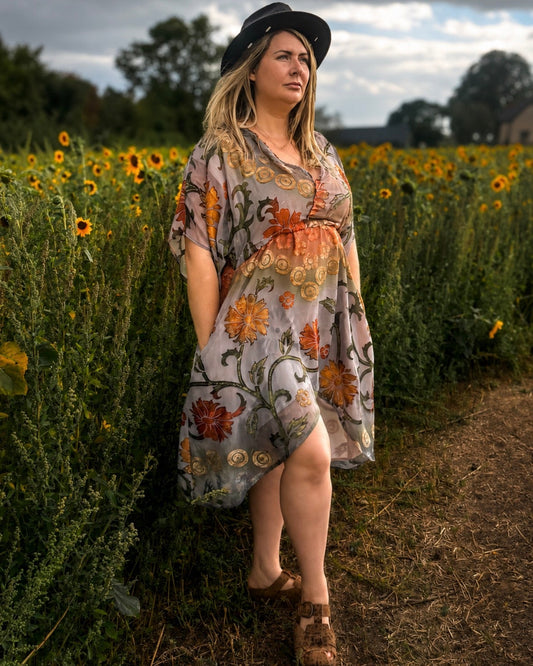 Grey Floral Goddess Midi Dress