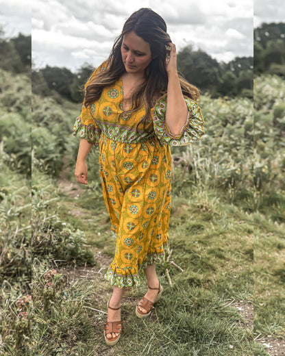 Yellow Frilled Maxi Dress - Handmade from Vintage Fabric