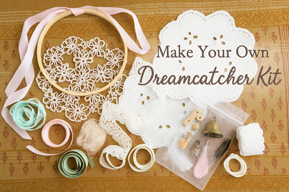 Make Your Own Dreamcatcher Kit with materials on a wooden surface