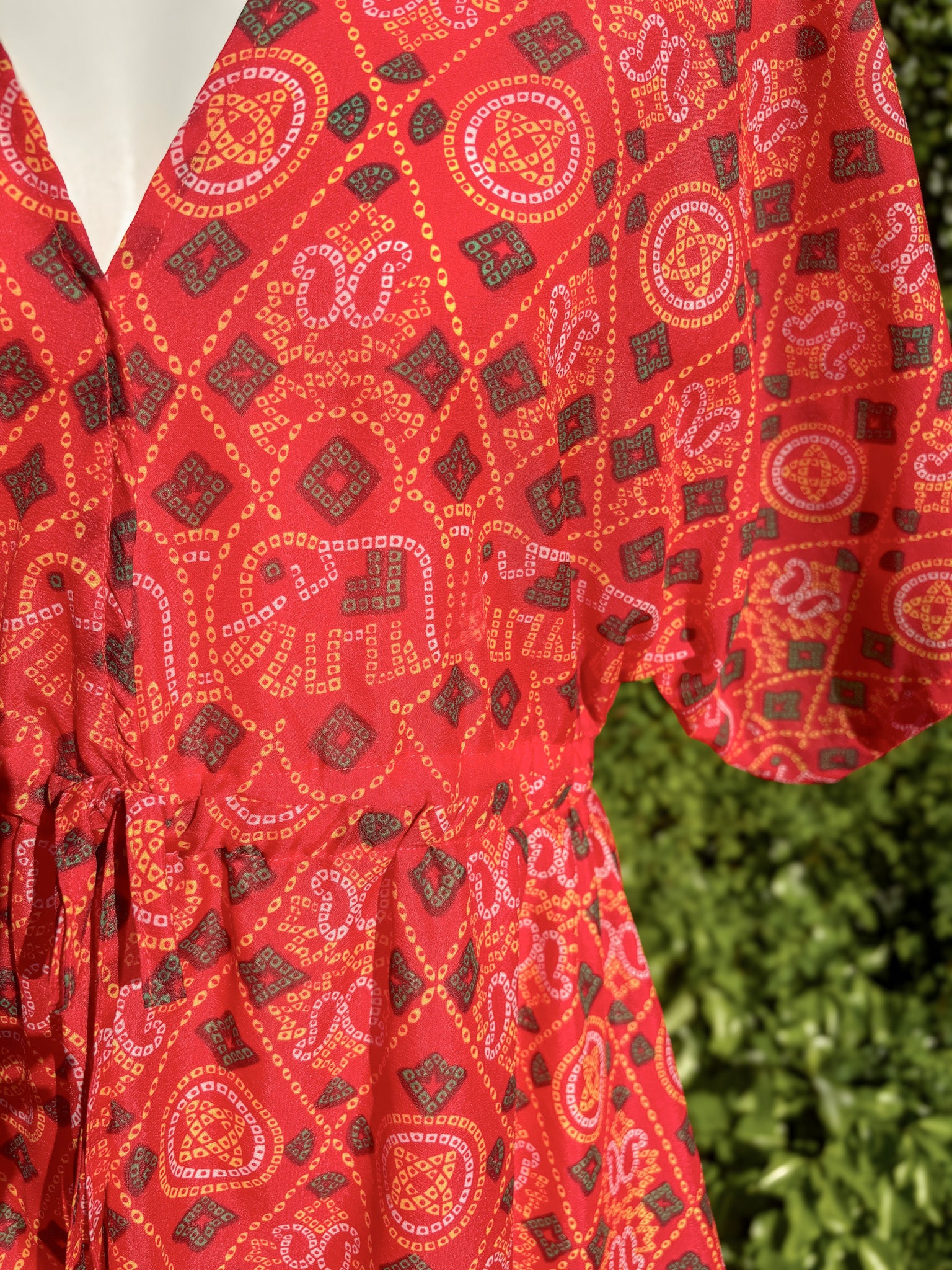Red patterned dress with a green leafy background