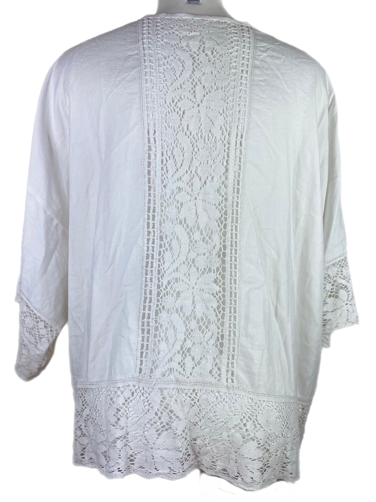 White lace-trimmed blouse on a mannequin against a white background