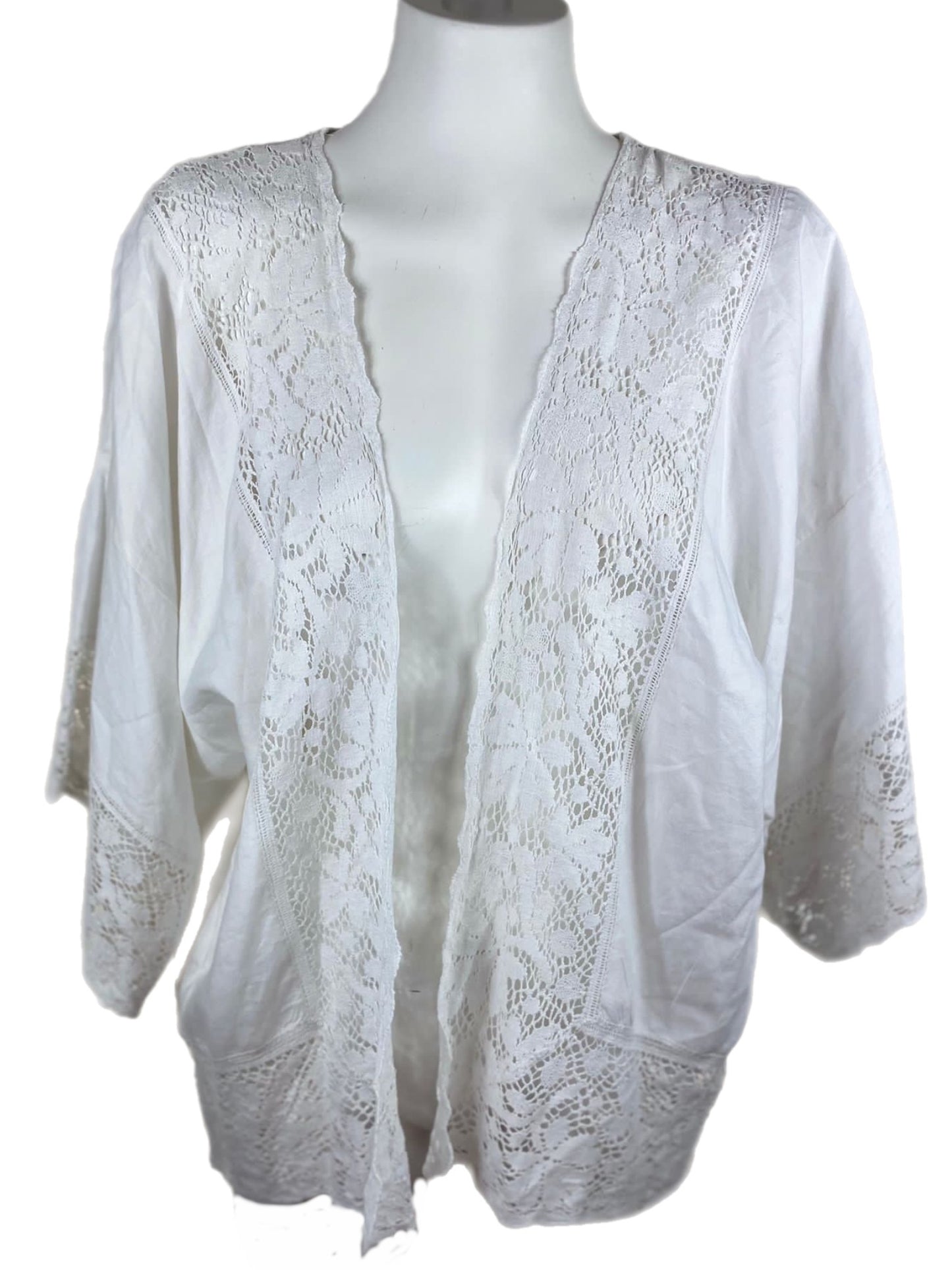 White lace cardigan on a mannequin against a white background