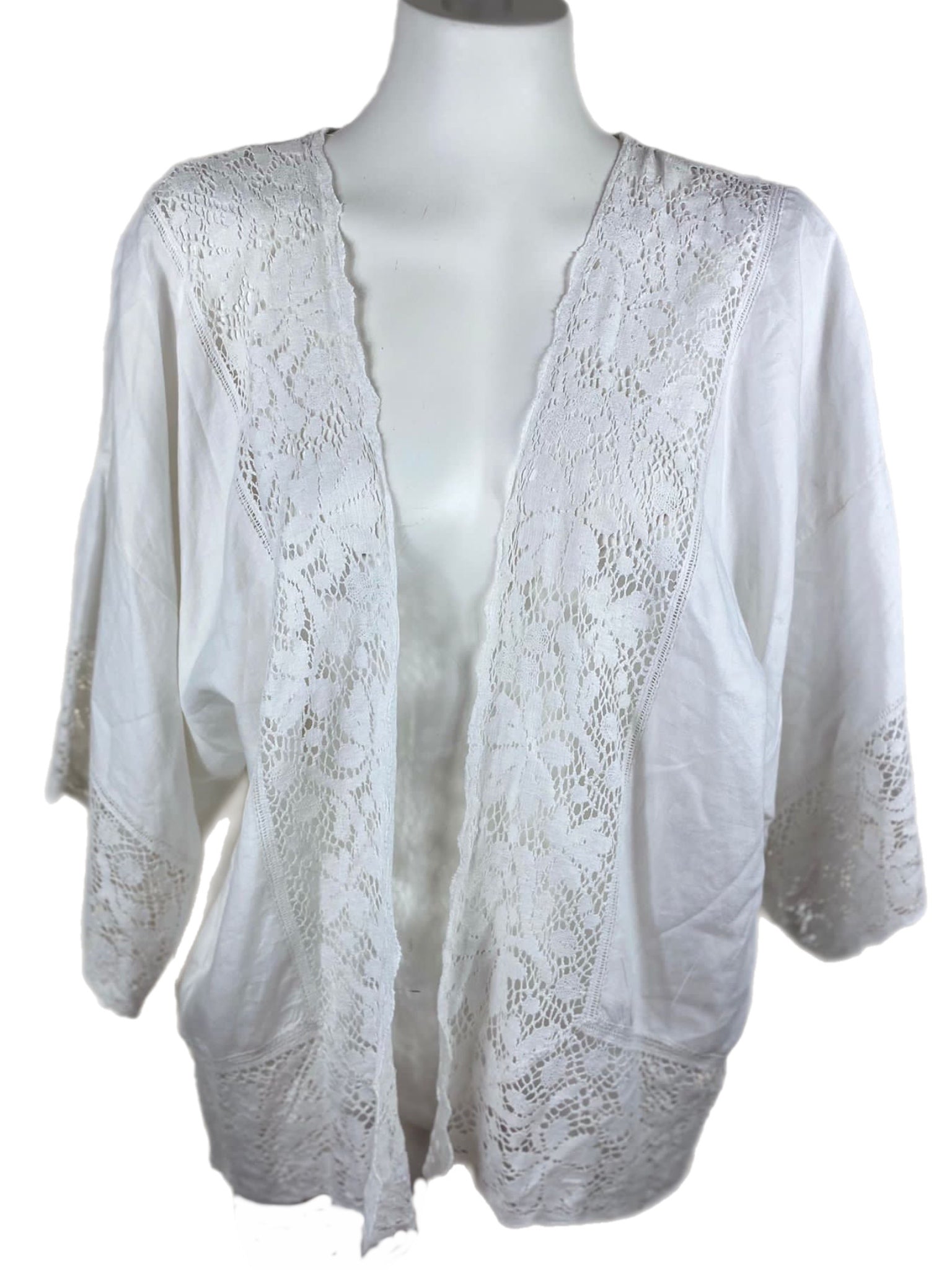 White lace cardigan on a mannequin against a white background