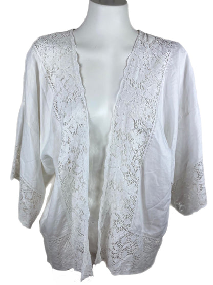 White lace cardigan on a mannequin against a white background