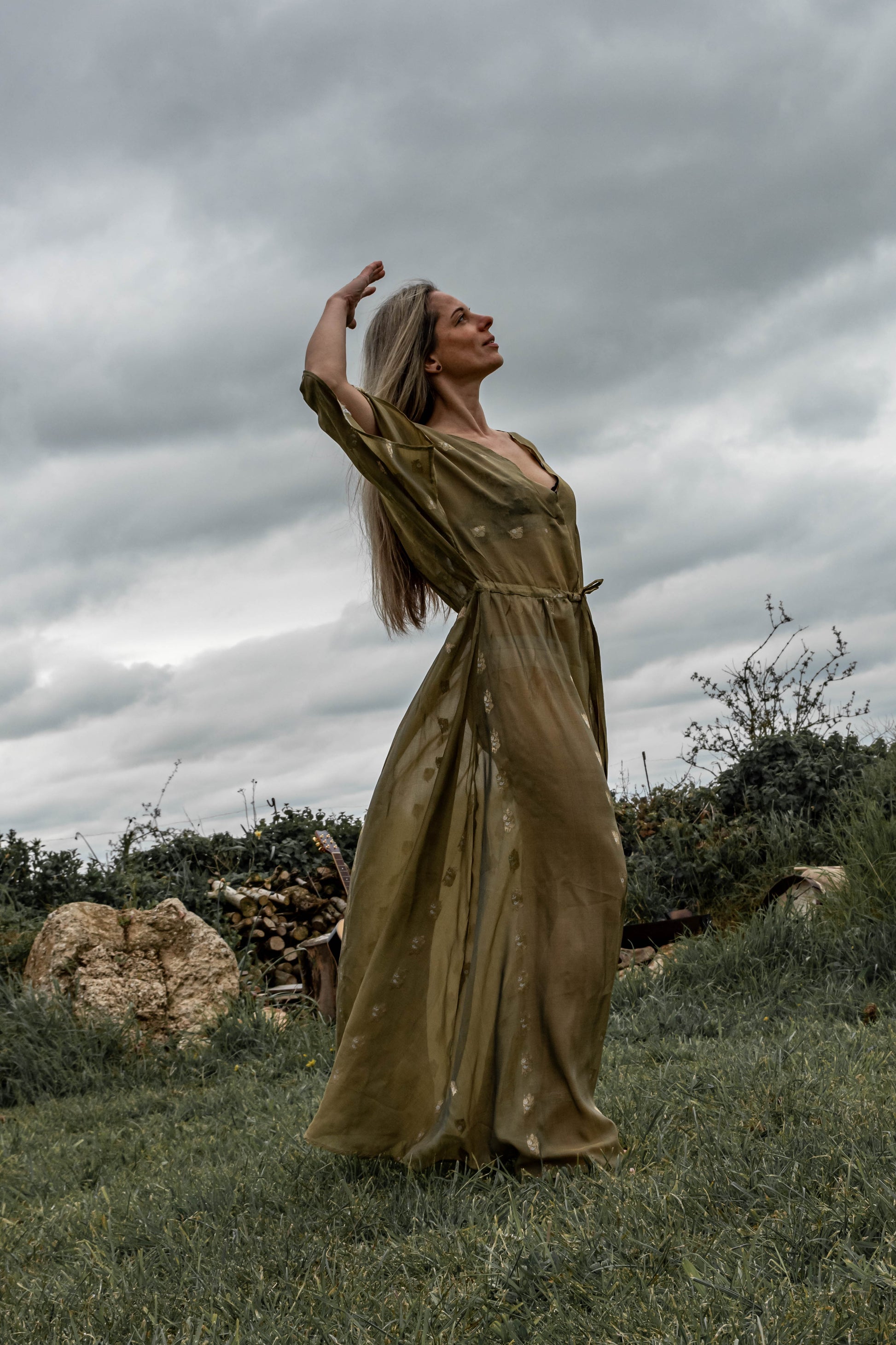 olive goddess dress made from vintage fabric