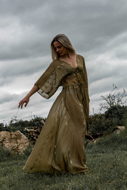 Julia modelling a goddess dress